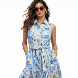 J.Crew Amalfi Coast Lemon Tile Print Belted Midi Dress 6P